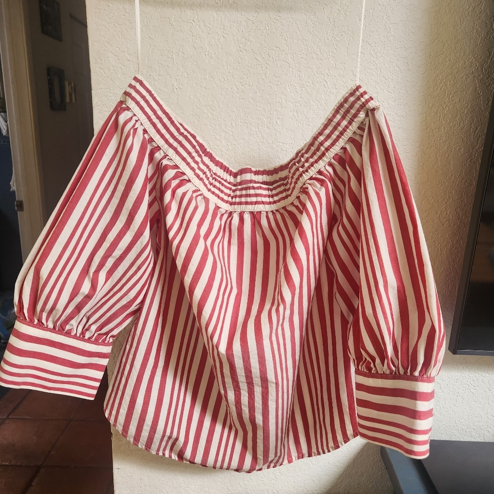 Red and White Striped Off-Shoulder Top